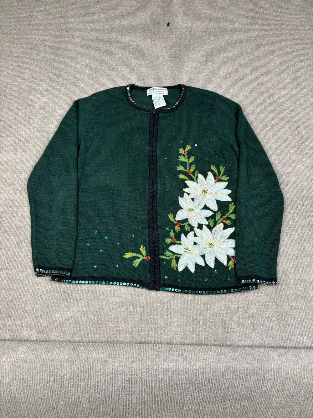 Tiara International Christmas Cardigan Ugly Sweater Womens XL Green Flowers